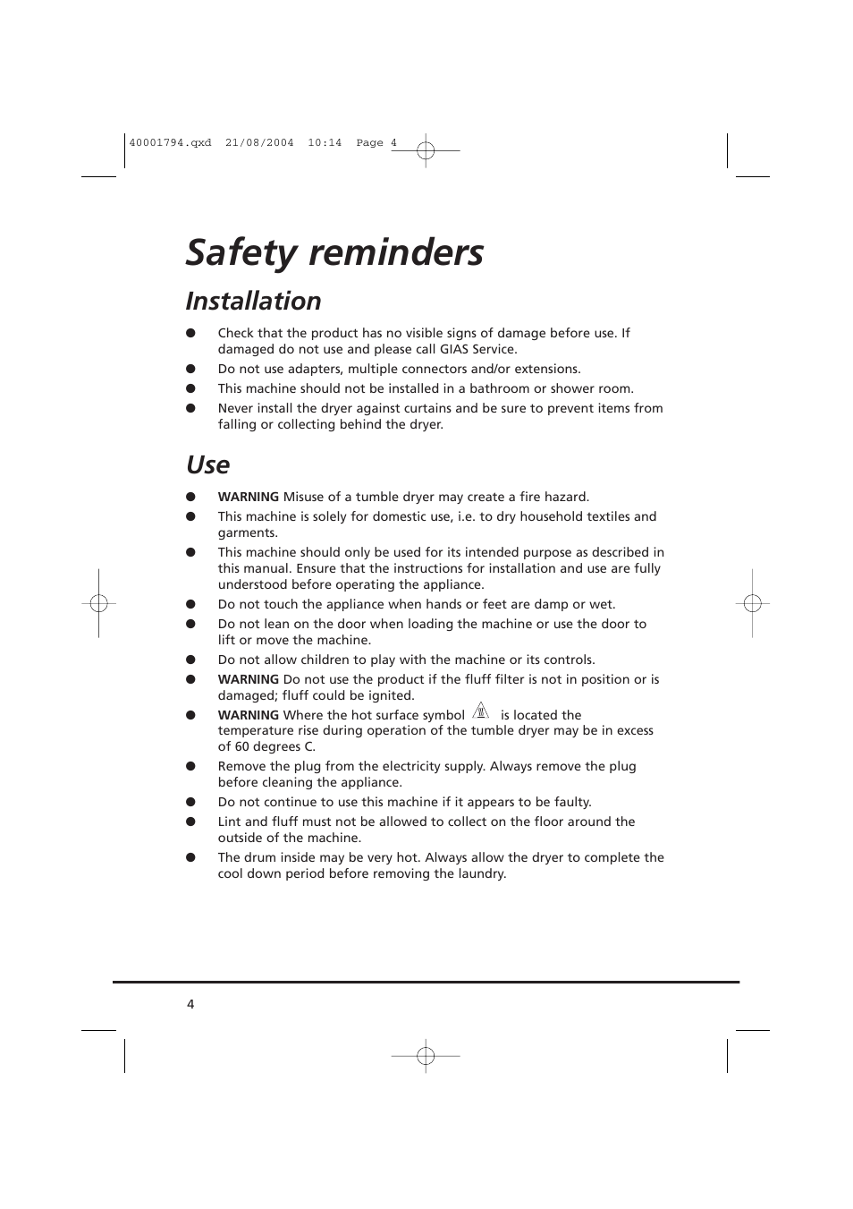 Safety reminders, Installation | Candy AB CDC 668 - SY User Manual | Page 4 / 40