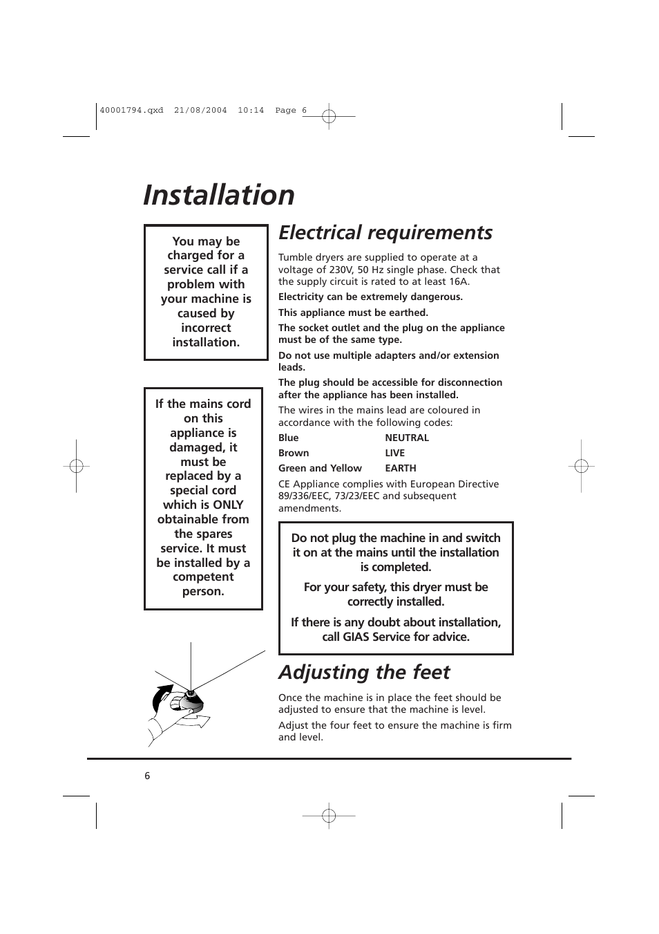 Installation, Electrical requirements, Adjusting the feet | Candy AB CDC 668 - SY User Manual | Page 6 / 40