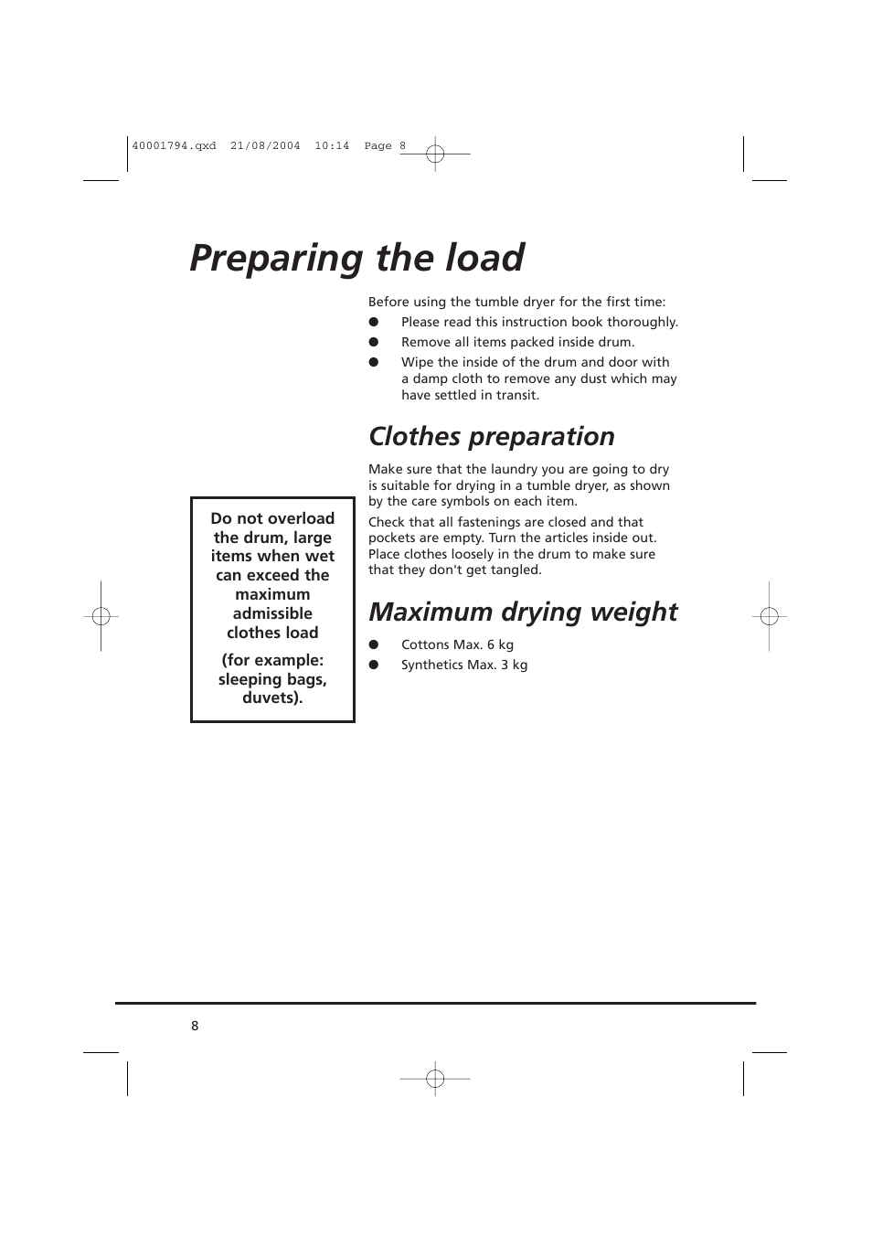 Preparing the load, Clothes preparation, Maximum drying weight | Candy AB CDC 668 - SY User Manual | Page 8 / 40