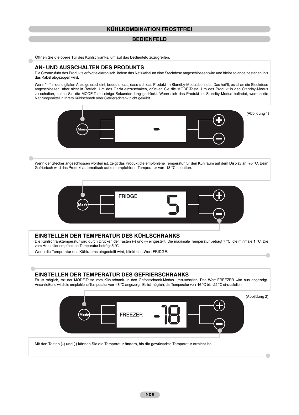 Kühlkombination frostfrei bedienfeld, An- und ausschalten des produkts, Einstellen der temperatur des kühlschranks | Einstellen der temperatur des gefrierschranks | Candy CSCN 7615 E User Manual | Page 9 / 32