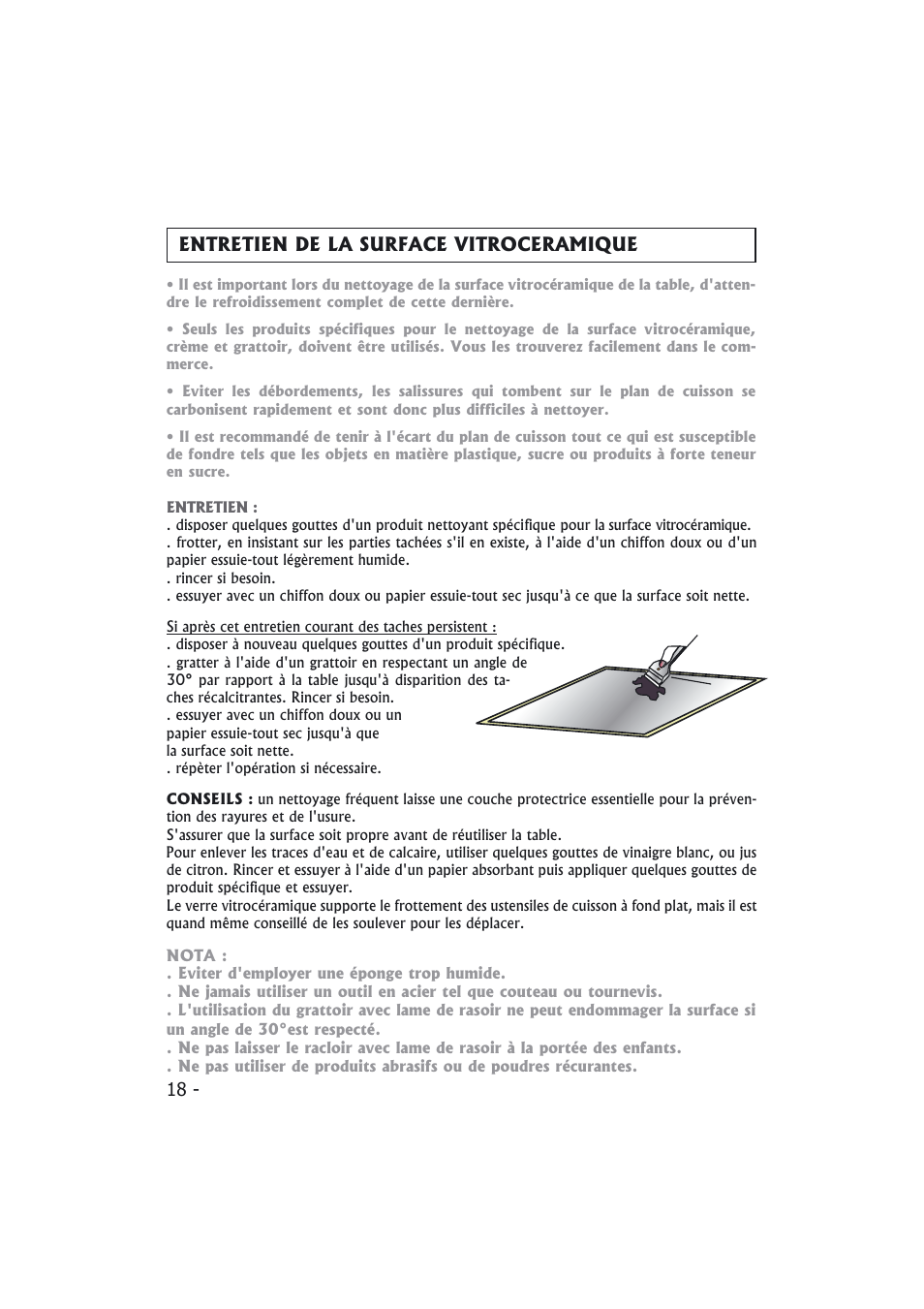 Entretien de la surface vitroceramique | Candy PMI 4100 N User Manual | Page 18 / 64
