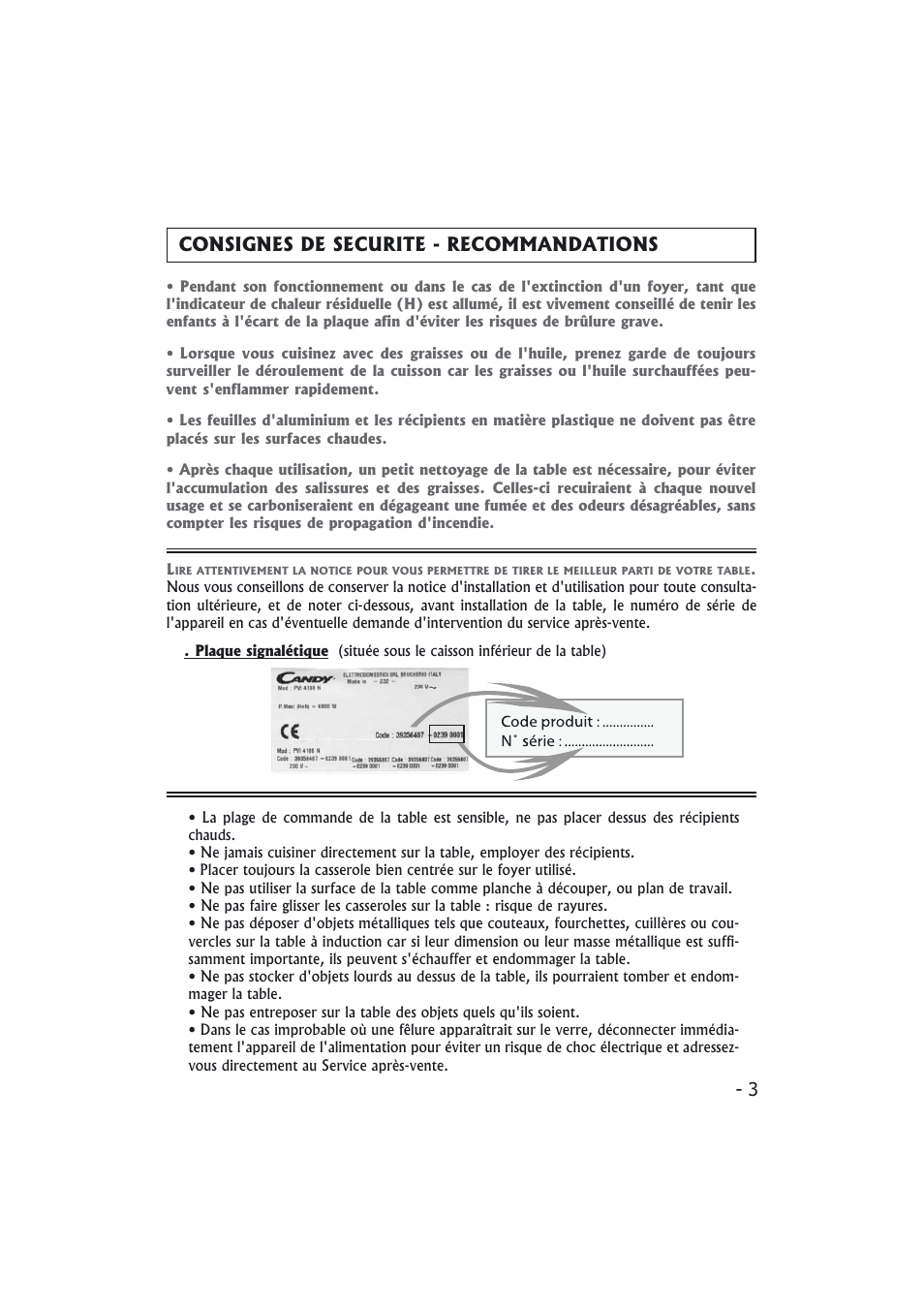 Consignes de securite - recommandations | Candy PMI 4100 N User Manual | Page 3 / 64