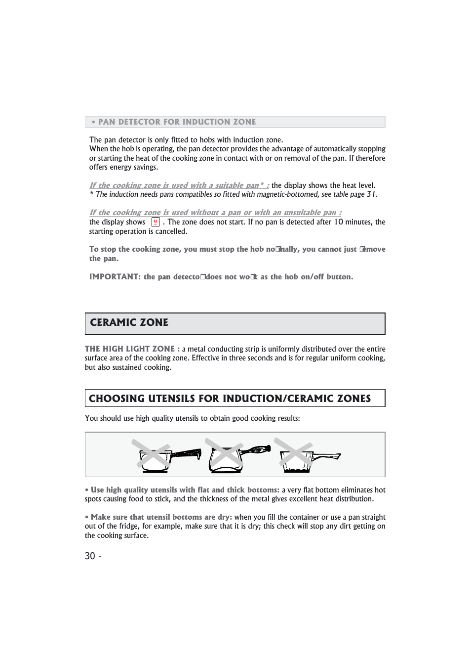 30 - choosing utensils for induction/ceramic zones, Ceramic zone | Candy PMI 4100 N User Manual | Page 30 / 64