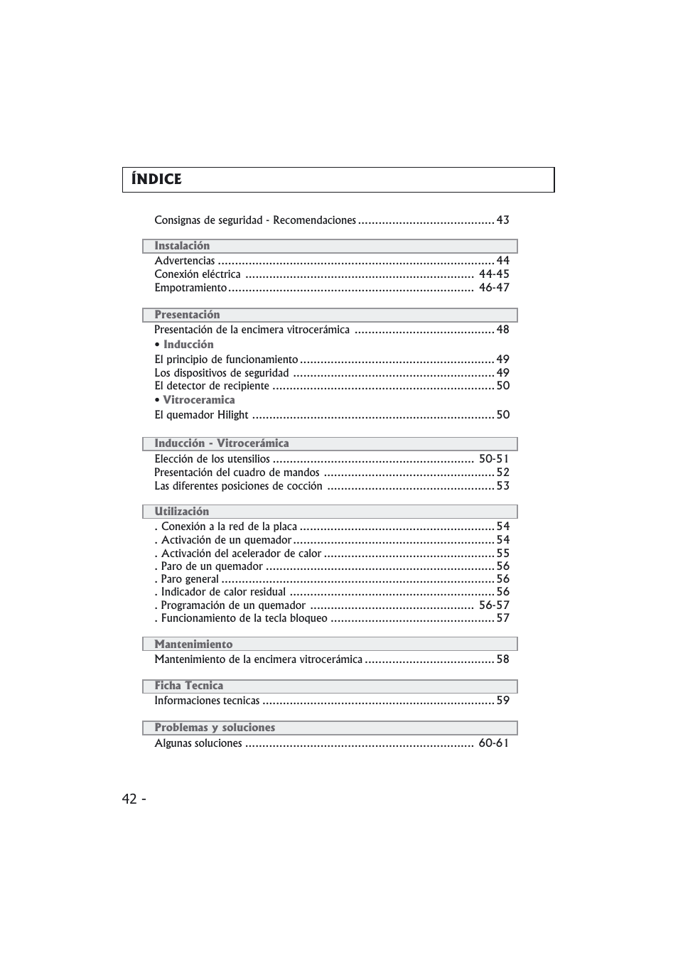 42 - índice | Candy PMI 4100 N User Manual | Page 42 / 64