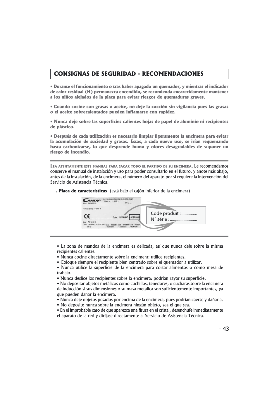 Consignas de seguridad - recomendaciones | Candy PMI 4100 N User Manual | Page 43 / 64