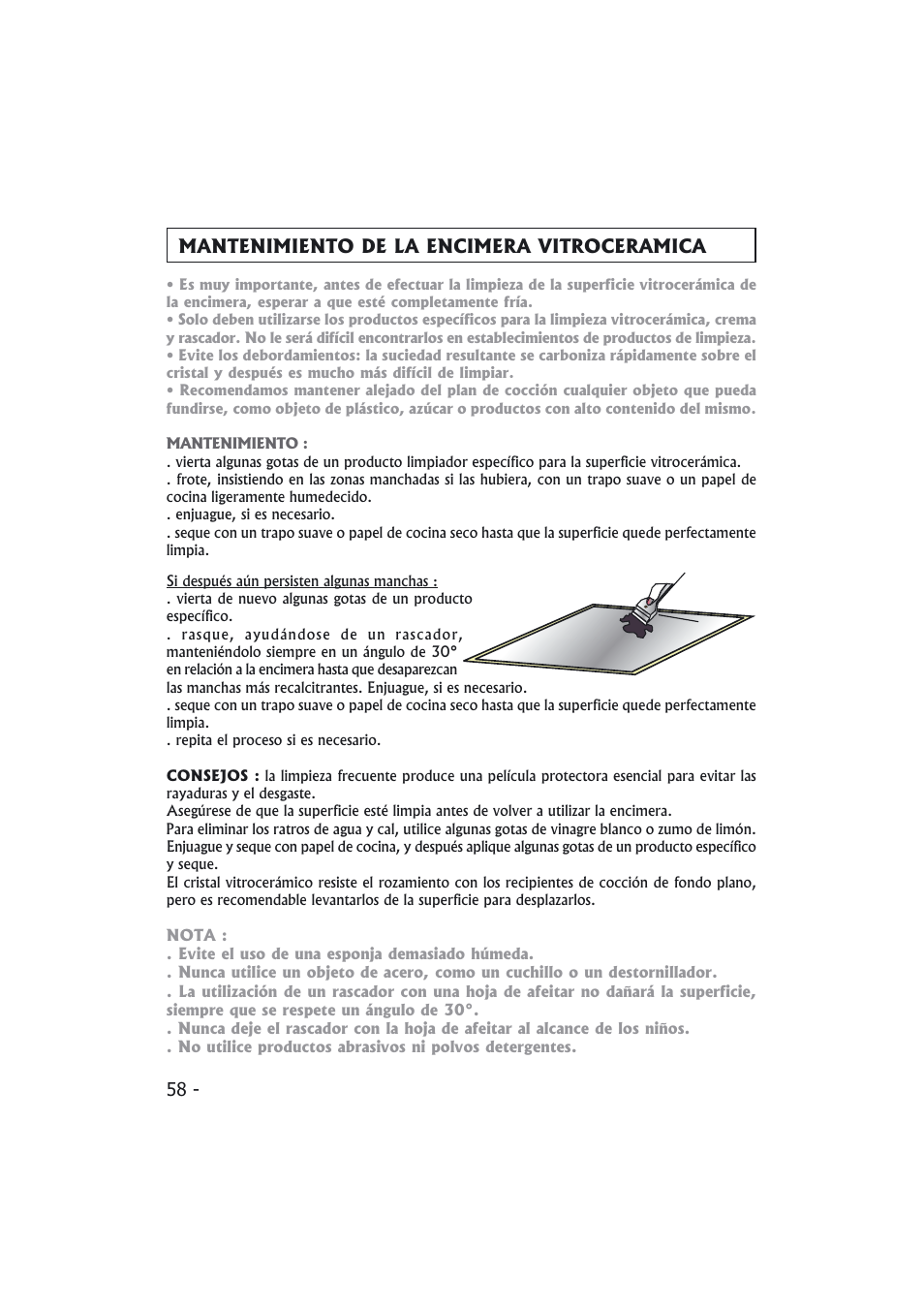 Mantenimiento de la encimera vitroceramica | Candy PMI 4100 N User Manual | Page 58 / 64