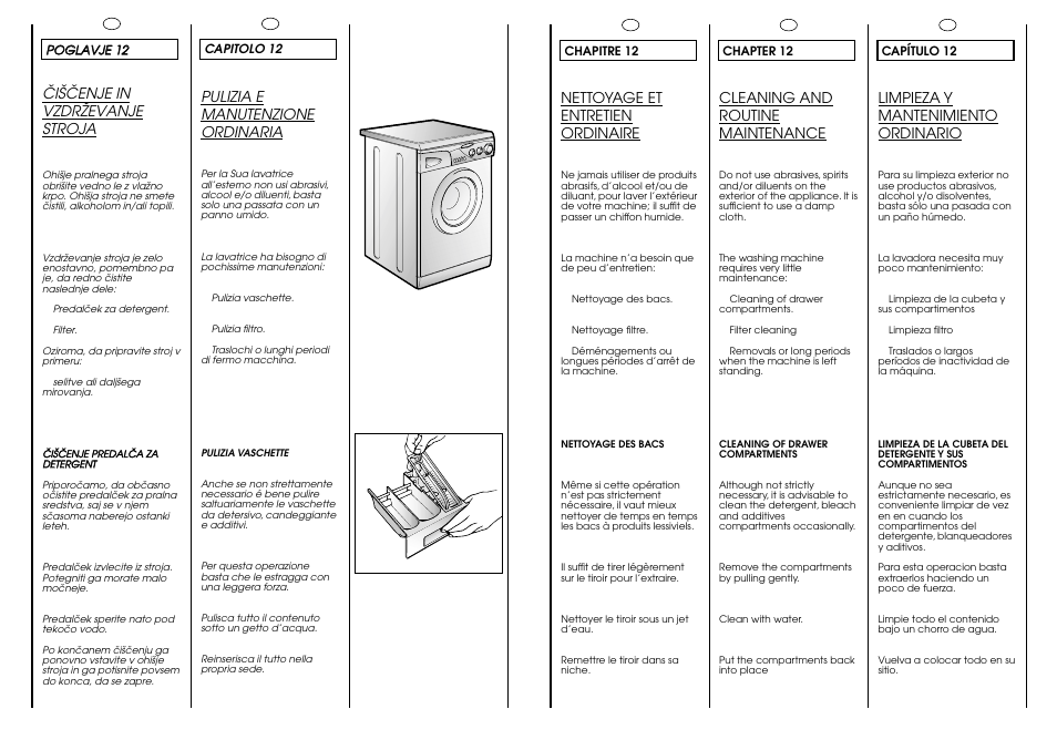 Pulizia e manutenzione ordinaria, Nettoyage et entretien ordinaire, Cleaning and routine maintenance | Limpieza y mantenimiento ordinario, Öiäöenje in vzdrïevanje stroja | Candy CG 644 T User Manual | Page 28 / 33