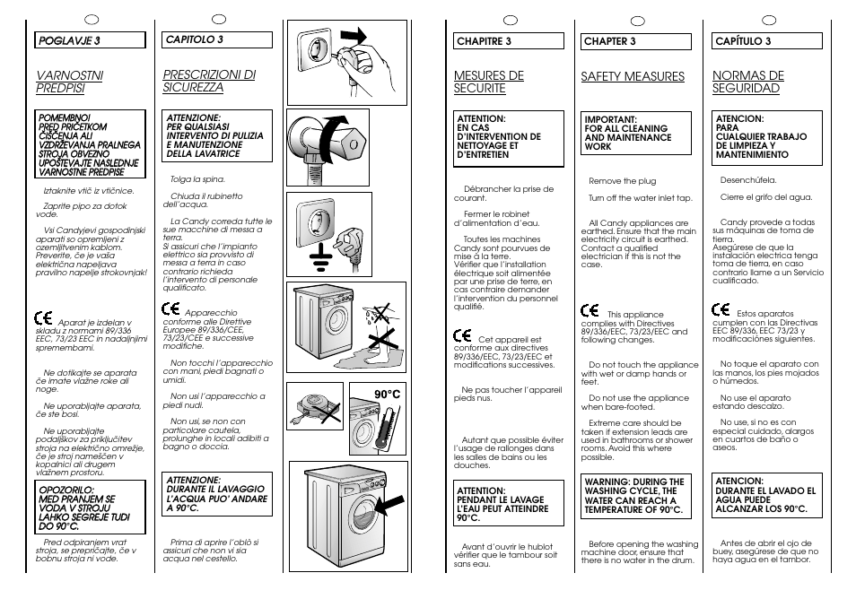 Prescrizioni di sicurezza, Mesures de securite, Normas de seguridad | Safety measures, Varnostni predpisi | Candy CG 644 T User Manual | Page 6 / 33