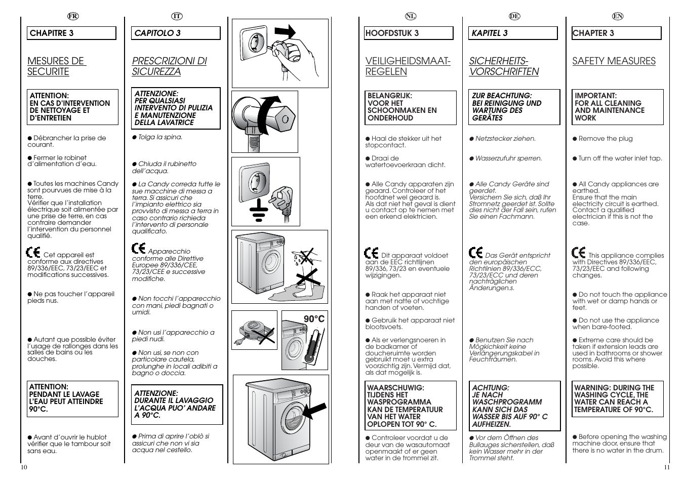 Mesures de securite, Sicherheits- vorschriften, Safety measures | Veiligheidsmaat- regelen, Prescrizioni di sicurezza | Candy CBE 1025 T User Manual | Page 6 / 33