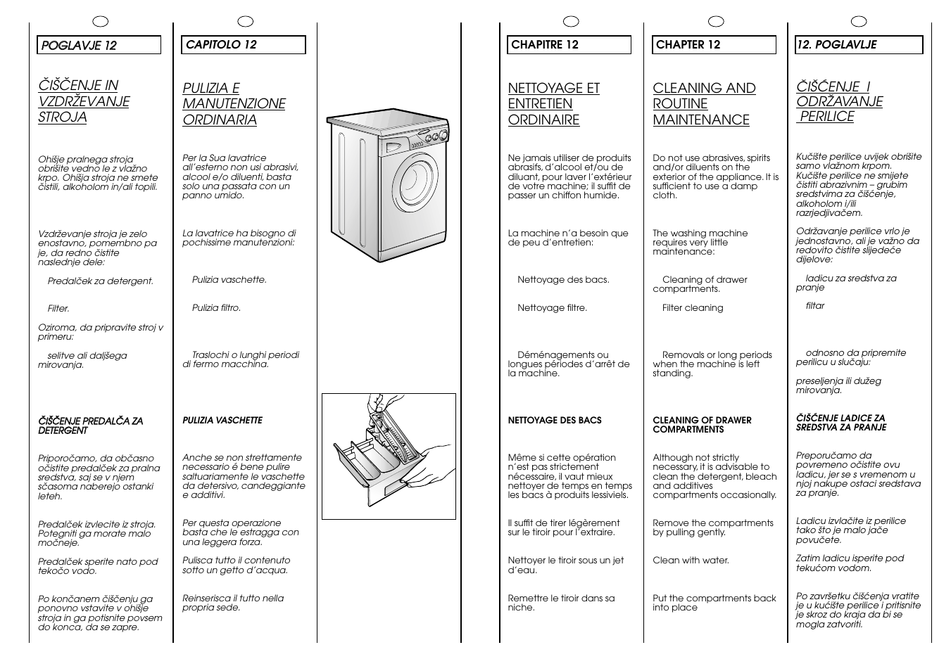 Pulizia e manutenzione ordinaria, Cleaning and routine maintenance, Nettoyage et entretien ordinaire | Öiäöenje in vzdrïevanje stroja, Âi·åenje i odrîavanje perilice | Candy CG 654 XT User Manual | Page 28 / 33