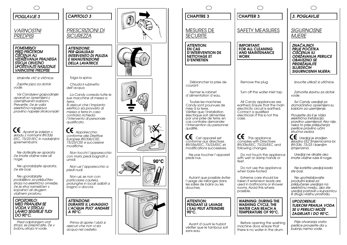 Prescrizioni di sicurezza, Safety measures, Mesures de securite | Varnostni predpisi, Sigurnosne mjere | Candy CG 654 XT User Manual | Page 6 / 33