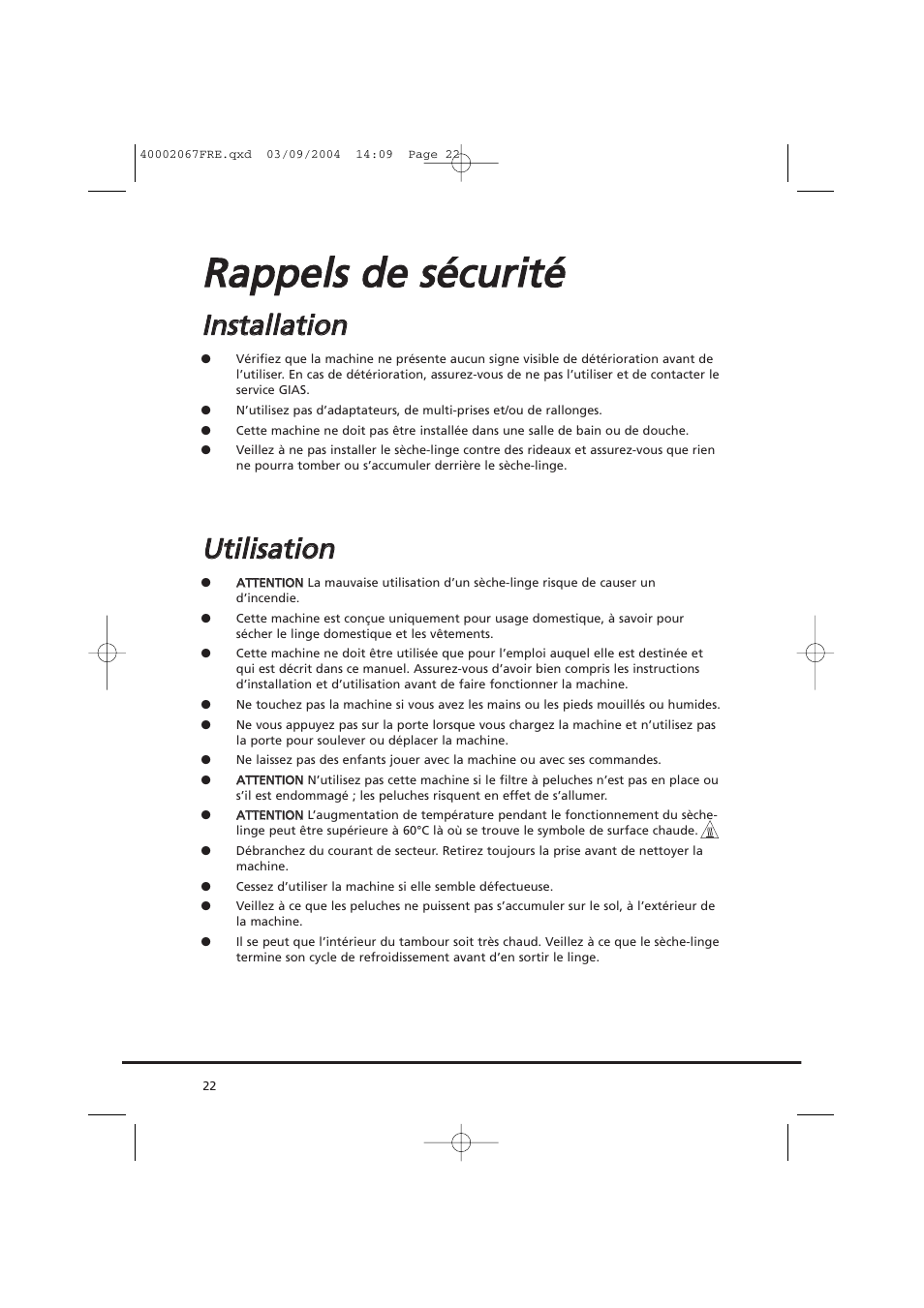 Rra ap pp pe ellss d de e ssé éccu urriitté é, Uuttiilliissa attiio on n | Candy AB CDC 779 XT - 88 SY User Manual | Page 22 / 76
