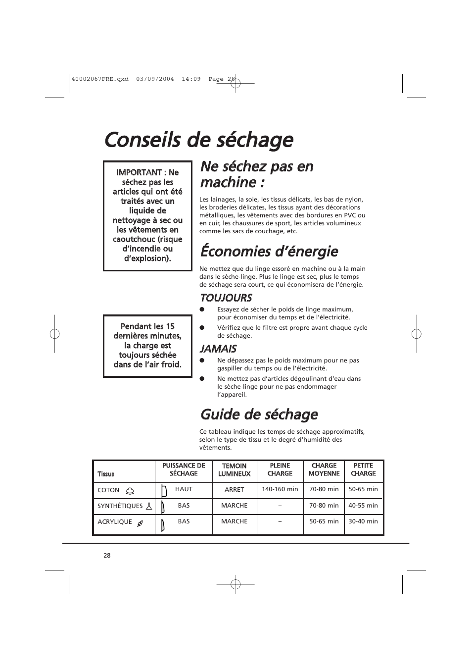 Cco on nsse eiillss d de e ssé écch ha ag ge e, Éécco on no om miie ess d d’’é én ne errg giie e, Ggu uiid de e d de e ssé écch ha ag ge e | Candy AB CDC 779 XT - 88 SY User Manual | Page 28 / 76