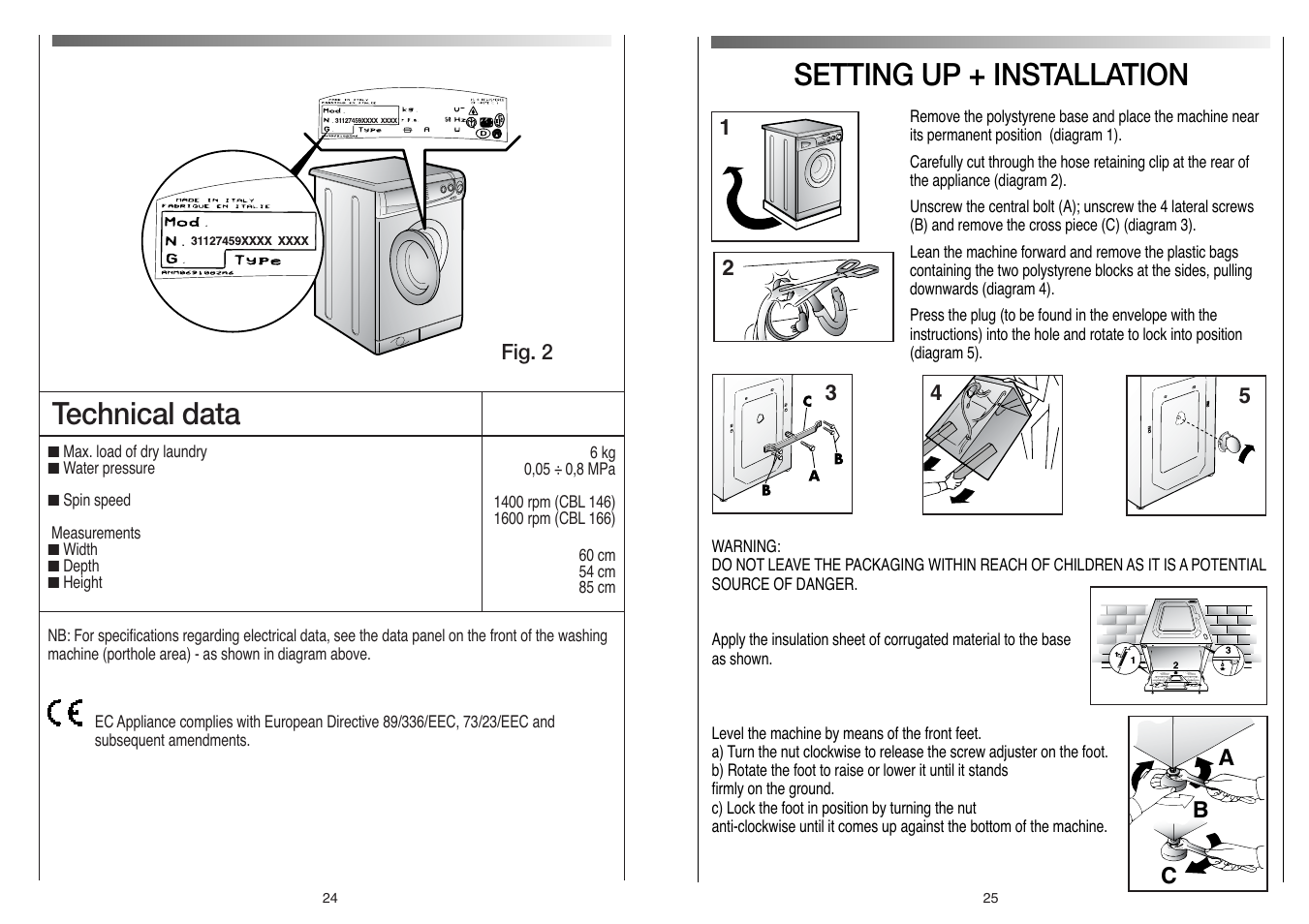 Setting up + installation, Technical data | Candy LBCBL 166 UK User Manual | Page 13 / 17