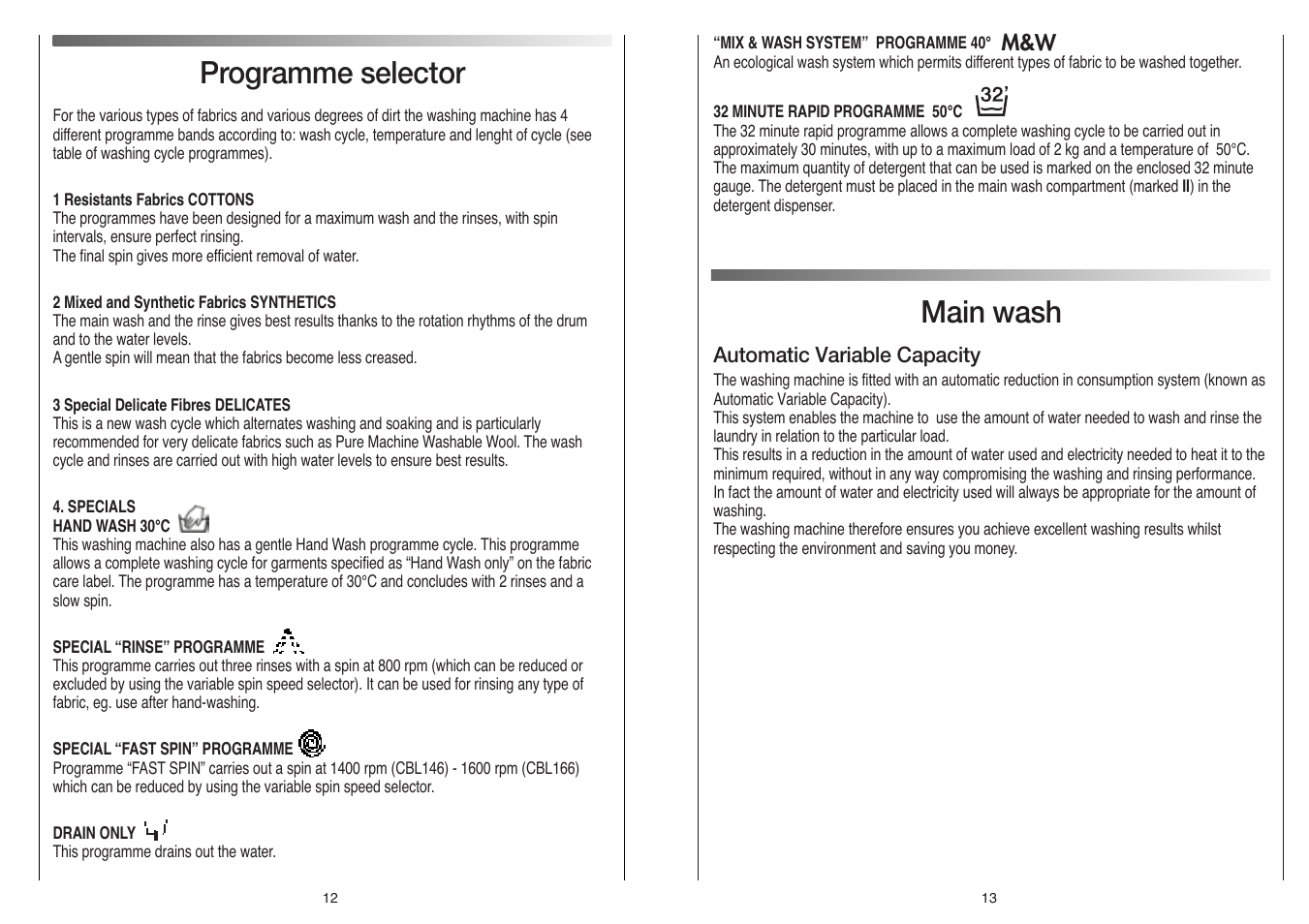 Programme selector, Main wash | Candy LBCBL 166 UK User Manual | Page 7 / 17