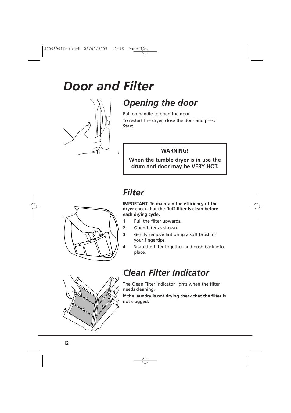 Door and filter, Opening the door, Filter | Clean filter indicator | Candy CC2 67-80 User Manual | Page 12 / 24