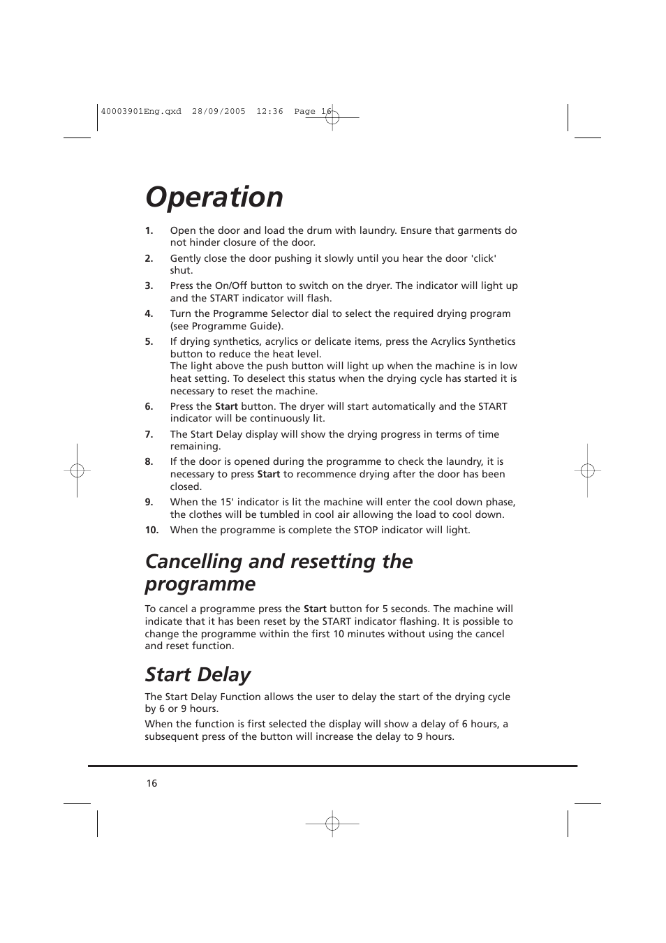 Operation, Cancelling and resetting the programme, Start delay | Candy CC2 67-80 User Manual | Page 16 / 24