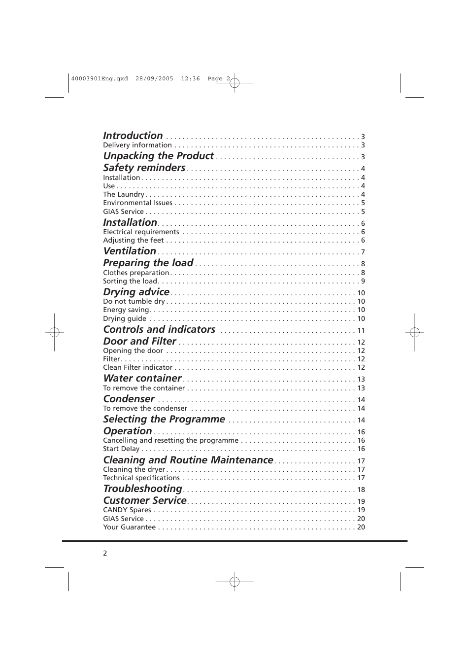 Introduction, Unpacking the product, Safety reminders | Installation, Ventilation, Preparing the load, Drying advice, Controls and indicators, Door and filter, Water container | Candy CC2 67-80 User Manual | Page 2 / 24