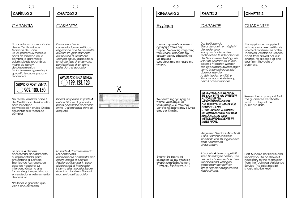 Garanzia, Garantia, Guarantee | Garantie | Candy CG 434 User Manual | Page 5 / 33