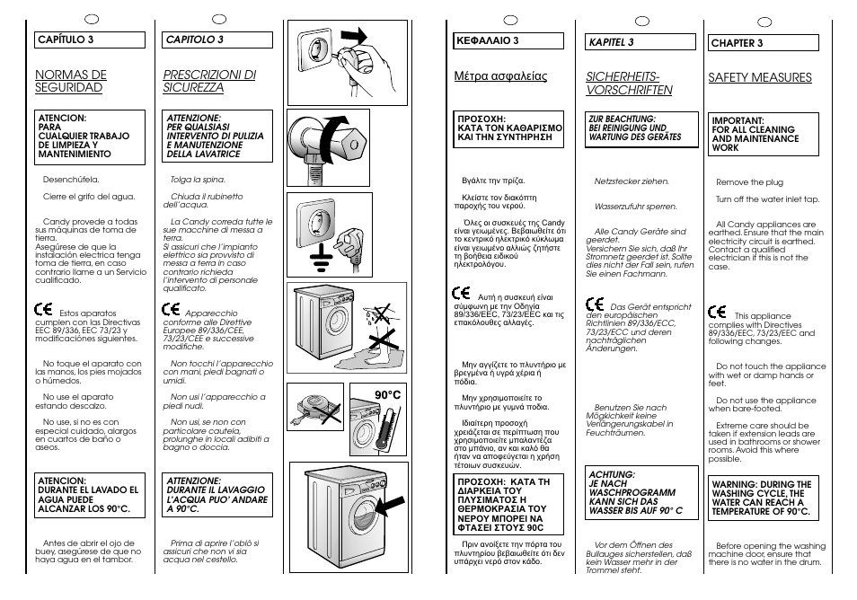 Prescrizioni di sicurezza, Normas de seguridad, Safety measures | Sicherheits- vorschriften | Candy CG 434 User Manual | Page 6 / 33