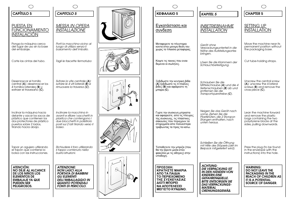 Messa in opera installazione, Puesta en funcionamiento instalación, Setting up installation | Inbetriebnahme installation | Candy CG 434 User Manual | Page 9 / 33