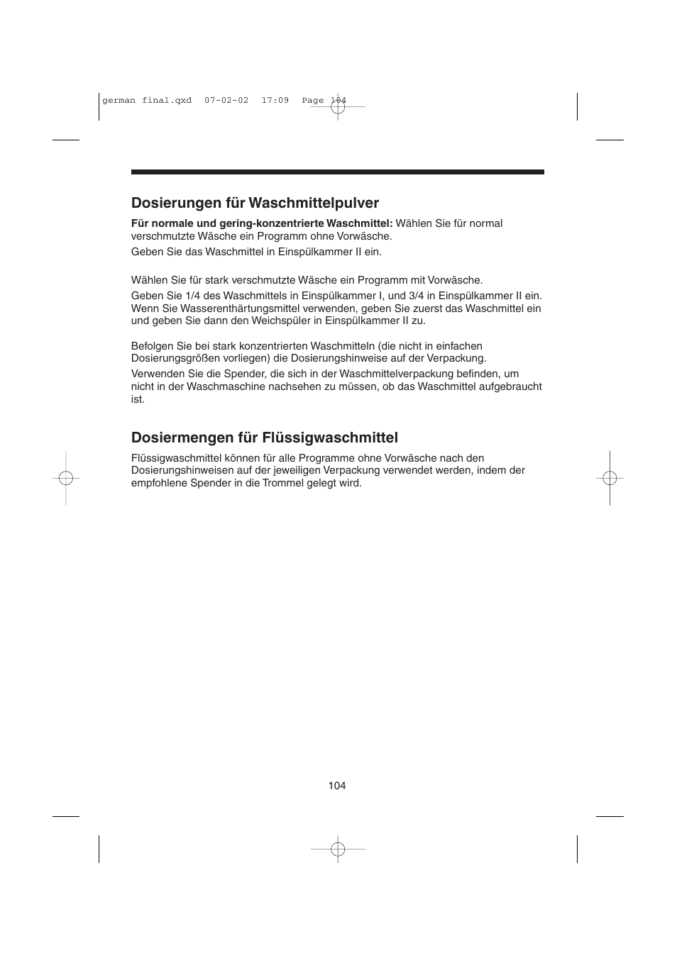 Dosierungen für waschmittelpulver, Dosiermengen für flüssigwaschmittel | Candy LMOH VARIO 7 User Manual | Page 104 / 120