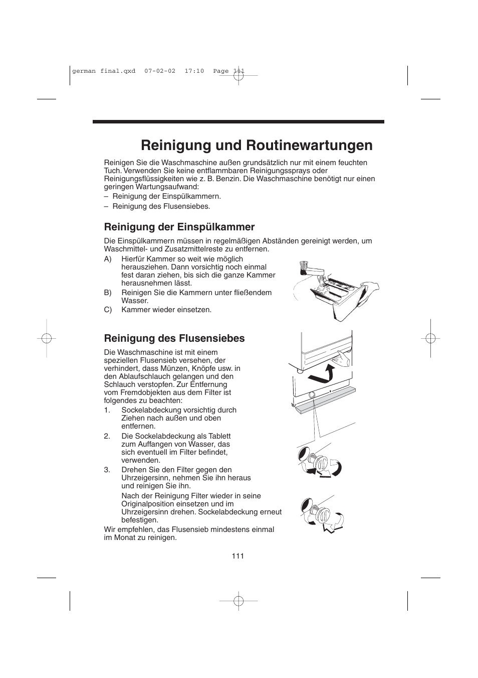 Reinigung und routinewartungen, Reinigung der einspülkammer, Reinigung des flusensiebes | Candy LMOH VARIO 7 User Manual | Page 111 / 120