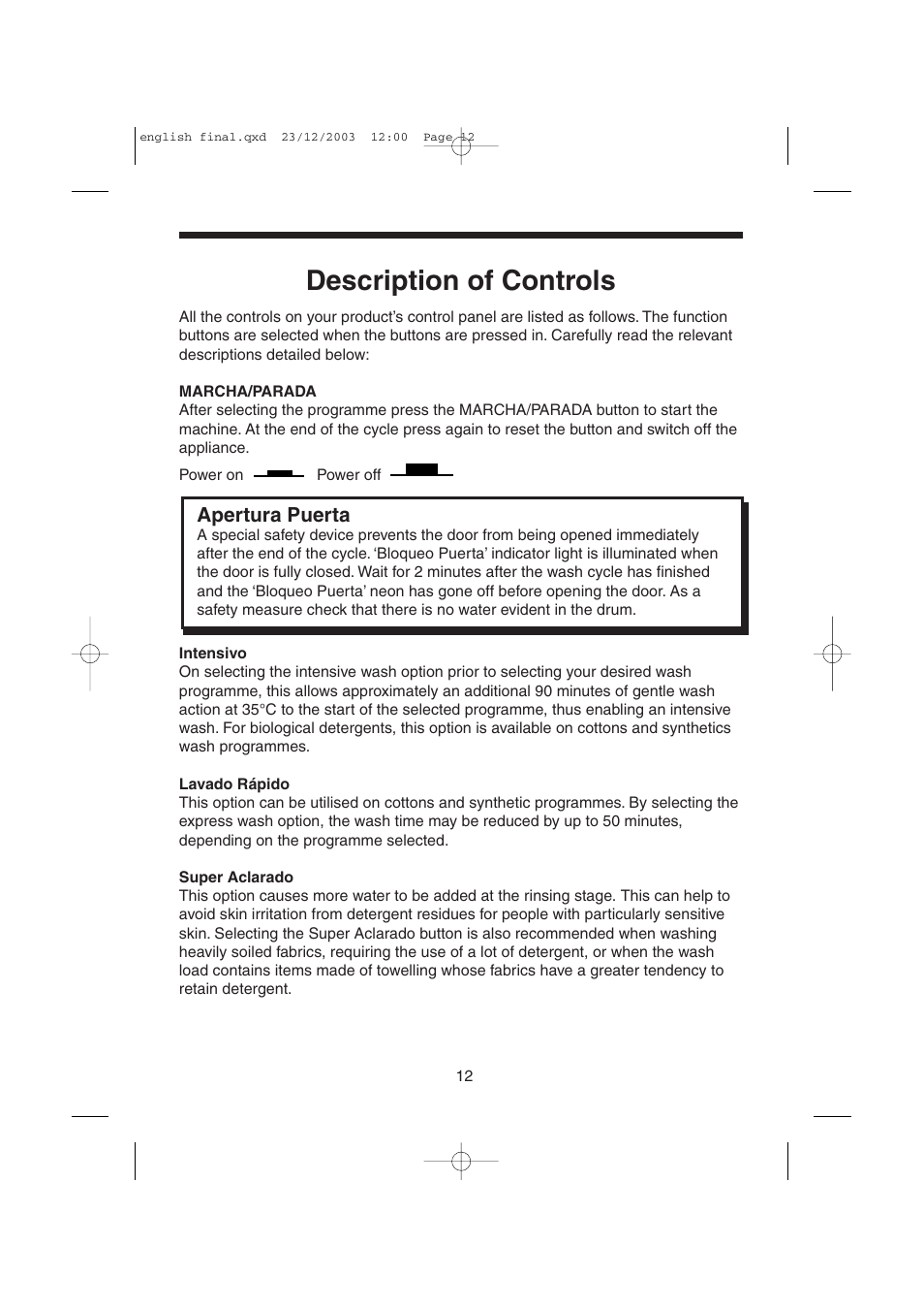 Description of controls | Candy LMOH VARIO 7 User Manual | Page 12 / 120