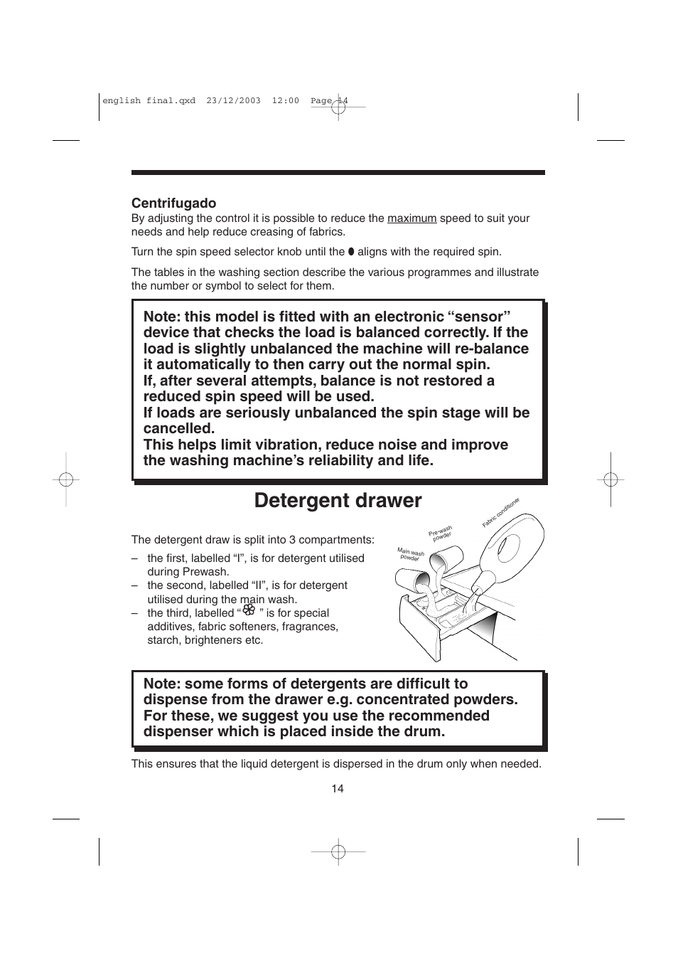 Detergent drawer, Centrifugado | Candy LMOH VARIO 7 User Manual | Page 14 / 120