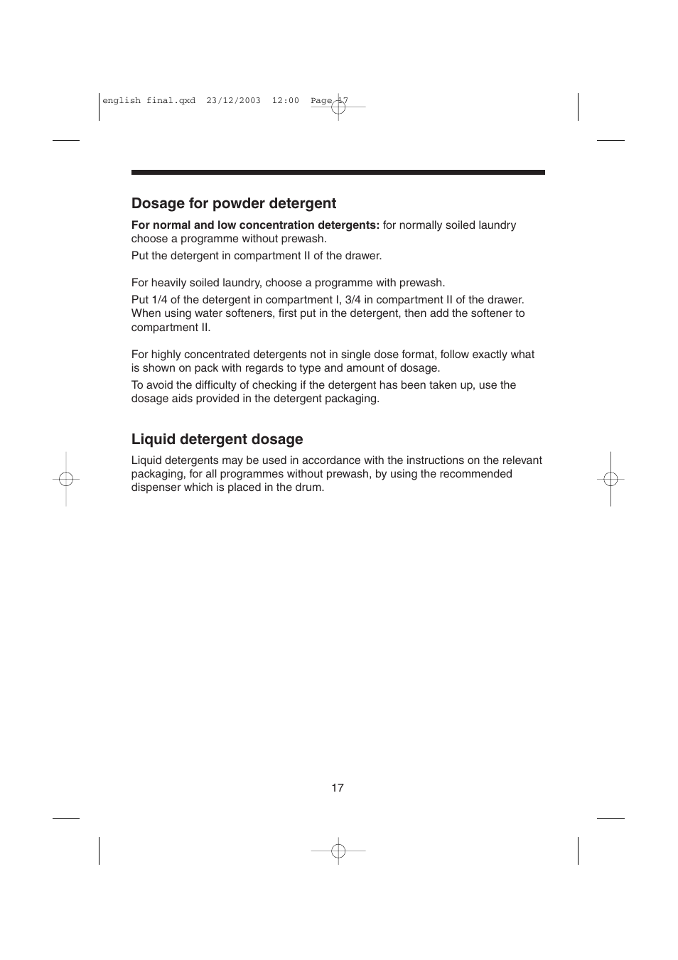 Dosage for powder detergent, Liquid detergent dosage | Candy LMOH VARIO 7 User Manual | Page 17 / 120