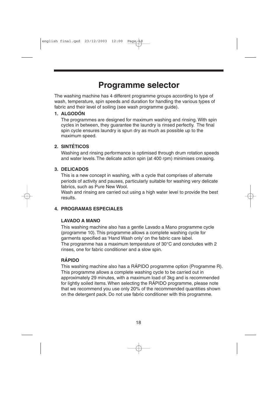 Programme selector | Candy LMOH VARIO 7 User Manual | Page 18 / 120