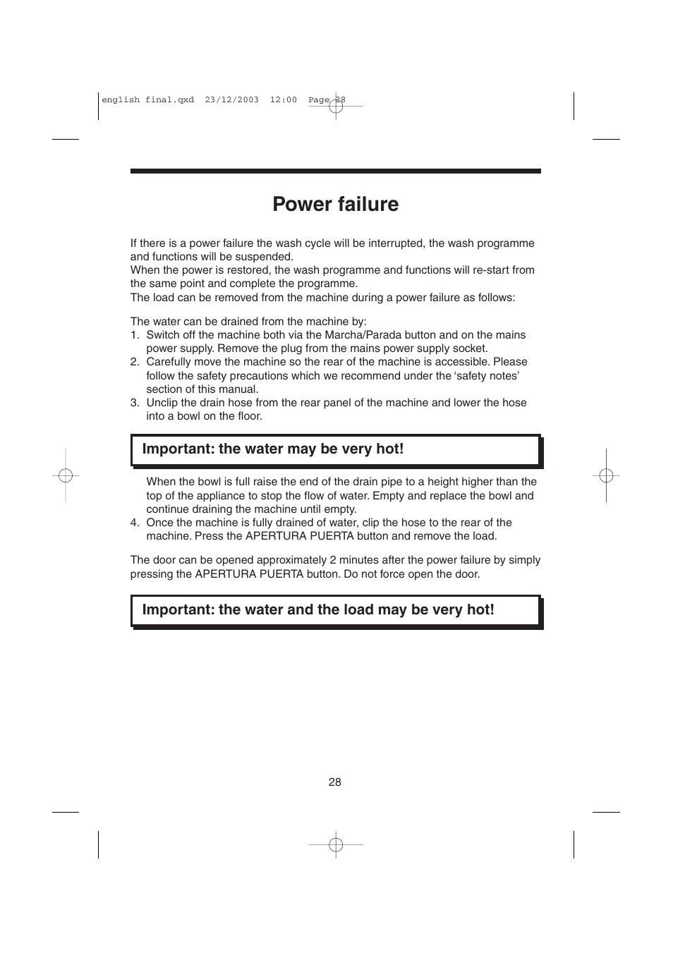 Power failure | Candy LMOH VARIO 7 User Manual | Page 28 / 120