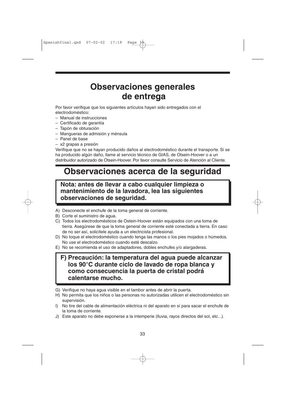 Observaciones generales de entrega, Observaciones acerca de la seguridad | Candy LMOH VARIO 7 User Manual | Page 33 / 120