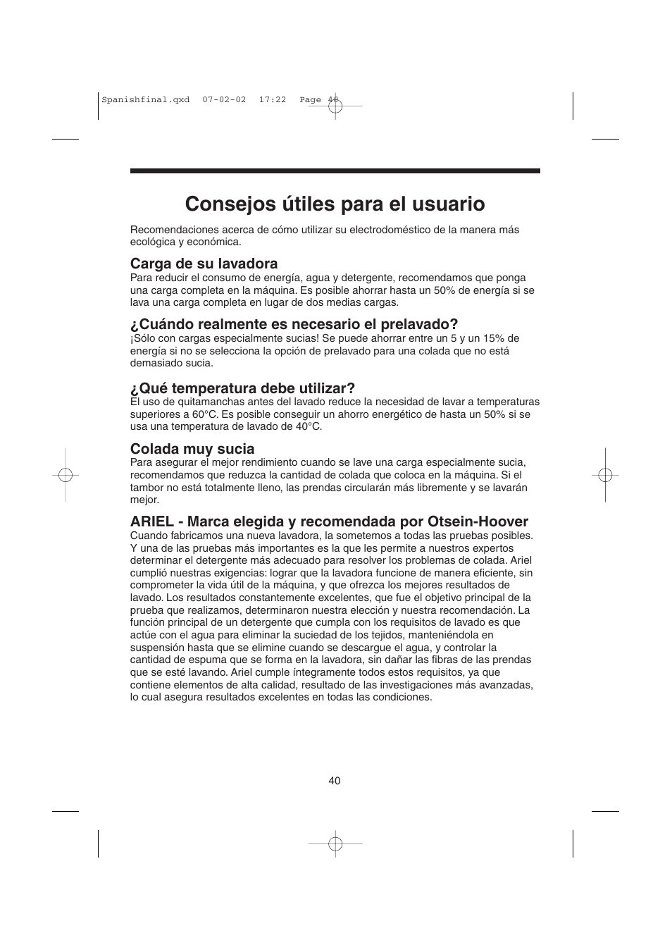 Consejos útiles para el usuario | Candy LMOH VARIO 7 User Manual | Page 40 / 120