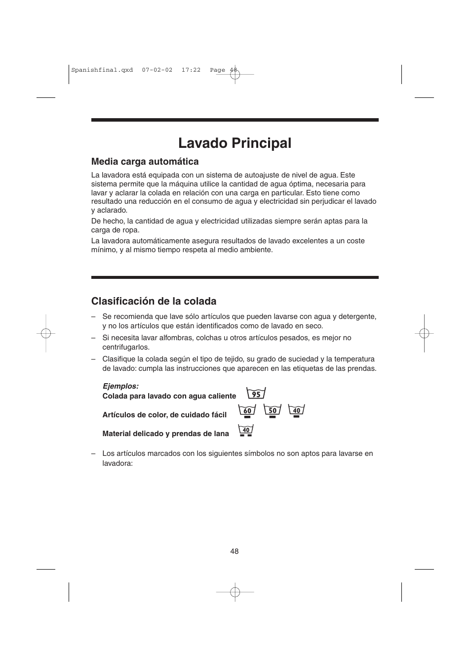 Lavado principal, Clasificación de la colada | Candy LMOH VARIO 7 User Manual | Page 48 / 120