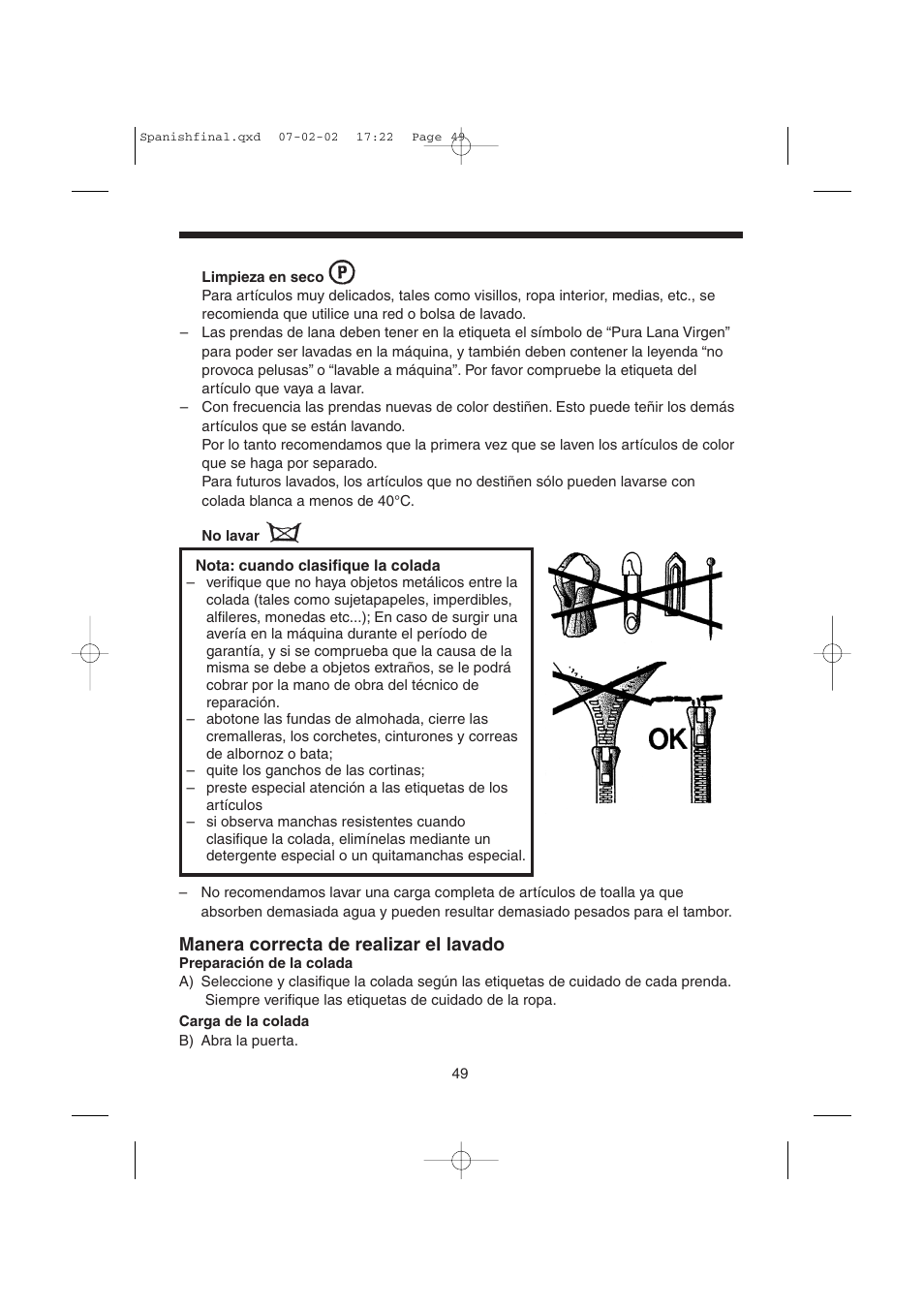 Manera correcta de realizar el lavado | Candy LMOH VARIO 7 User Manual | Page 49 / 120