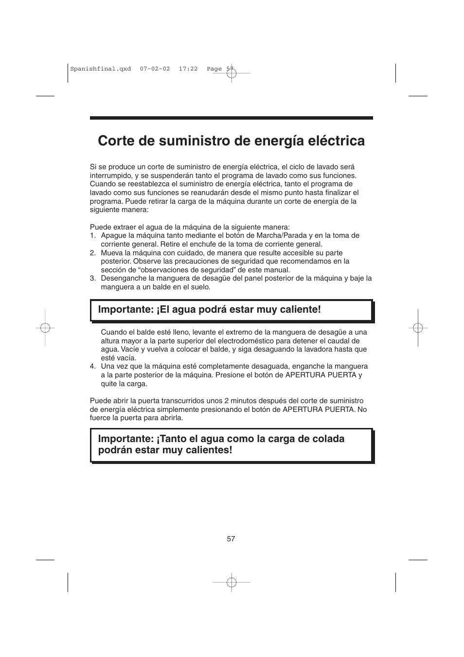 Corte de suministro de energía eléctrica, Importante: ¡el agua podrá estar muy caliente | Candy LMOH VARIO 7 User Manual | Page 57 / 120