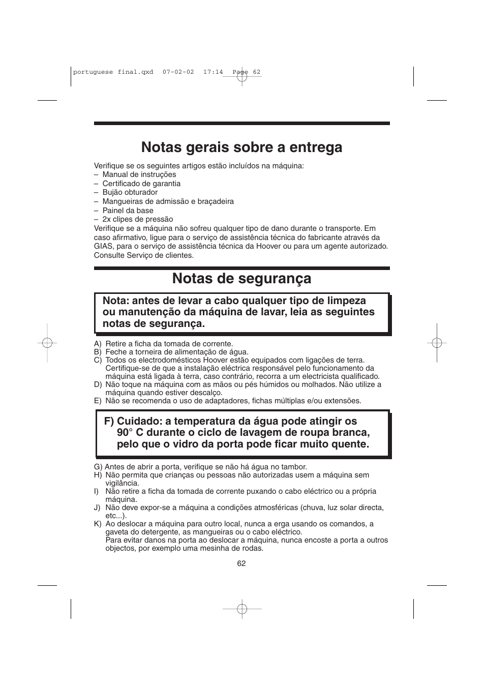 Notas gerais sobre a entrega, Notas de segurança | Candy LMOH VARIO 7 User Manual | Page 62 / 120
