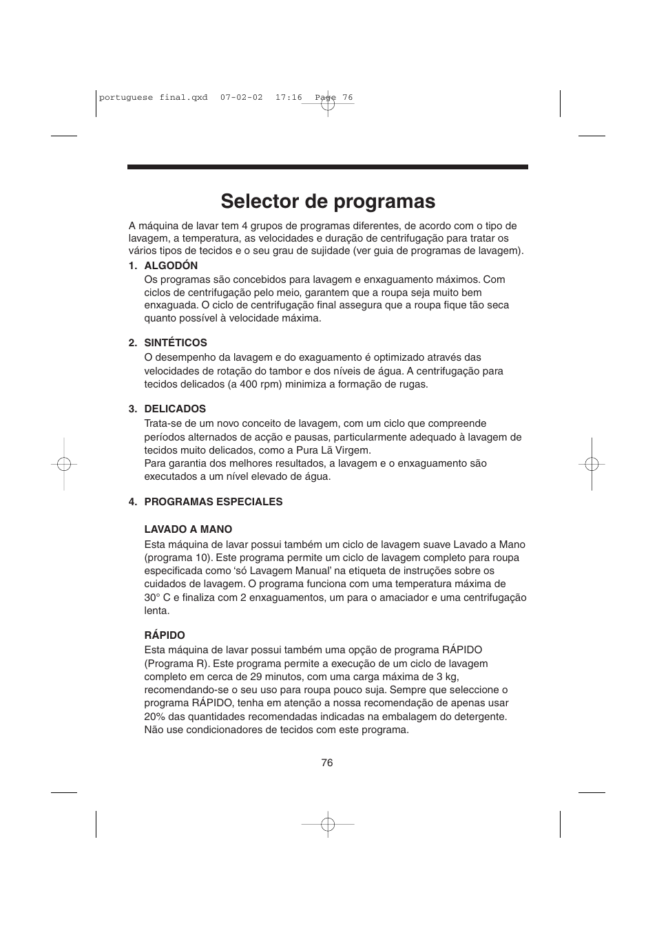 Selector de programas | Candy LMOH VARIO 7 User Manual | Page 76 / 120