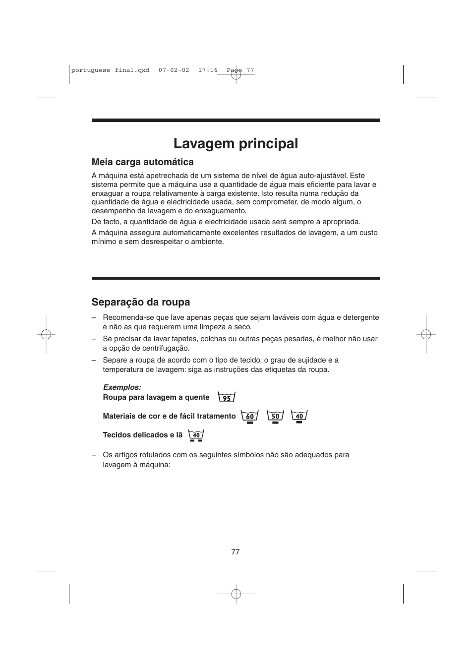 Lavagem principal, Separação da roupa | Candy LMOH VARIO 7 User Manual | Page 77 / 120