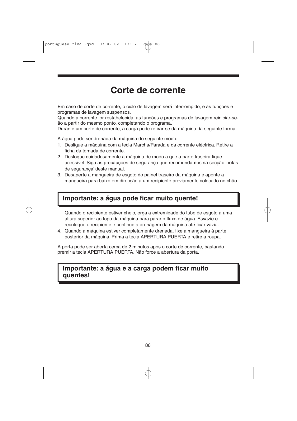 Corte de corrente, Importante: a água pode ficar muito quente | Candy LMOH VARIO 7 User Manual | Page 86 / 120