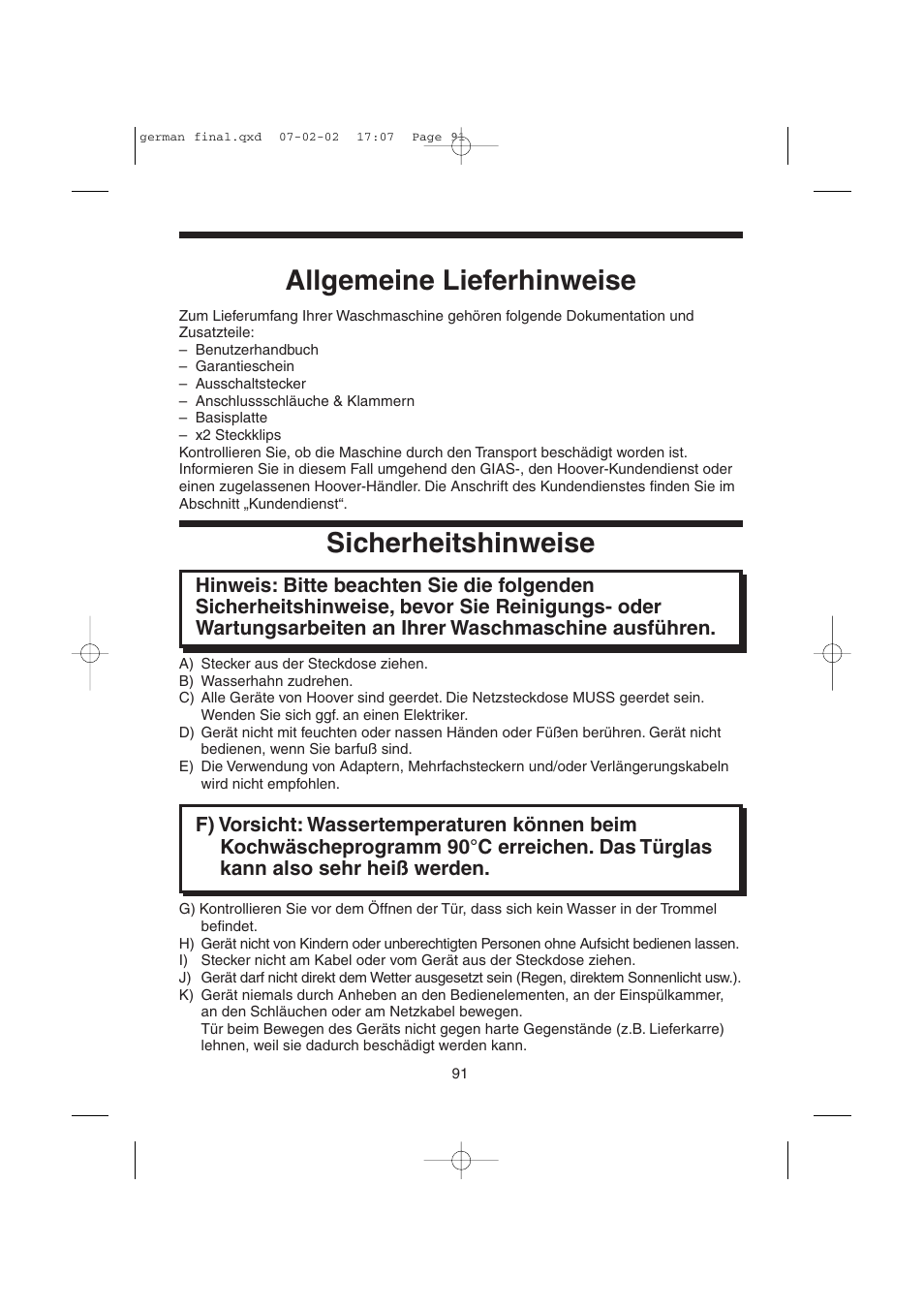 Allgemeine lieferhinweise, Sicherheitshinweise | Candy LMOH VARIO 7 User Manual | Page 91 / 120