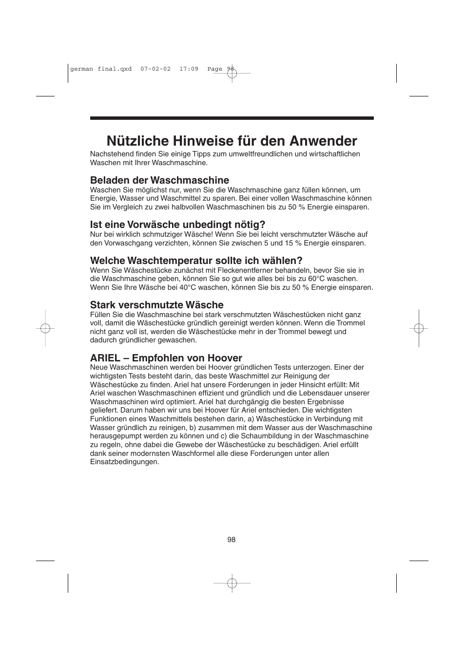 Nützliche hinweise für den anwender | Candy LMOH VARIO 7 User Manual | Page 98 / 120