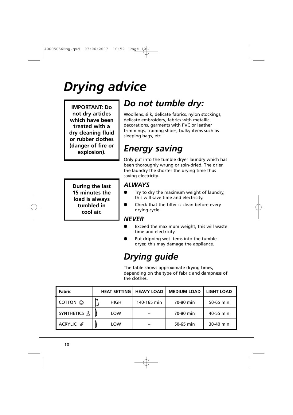 Drying advice, Do not tumble dry, Energy saving | Drying guide, Always, Never | Candy GO DV 38-37 User Manual | Page 10 / 34