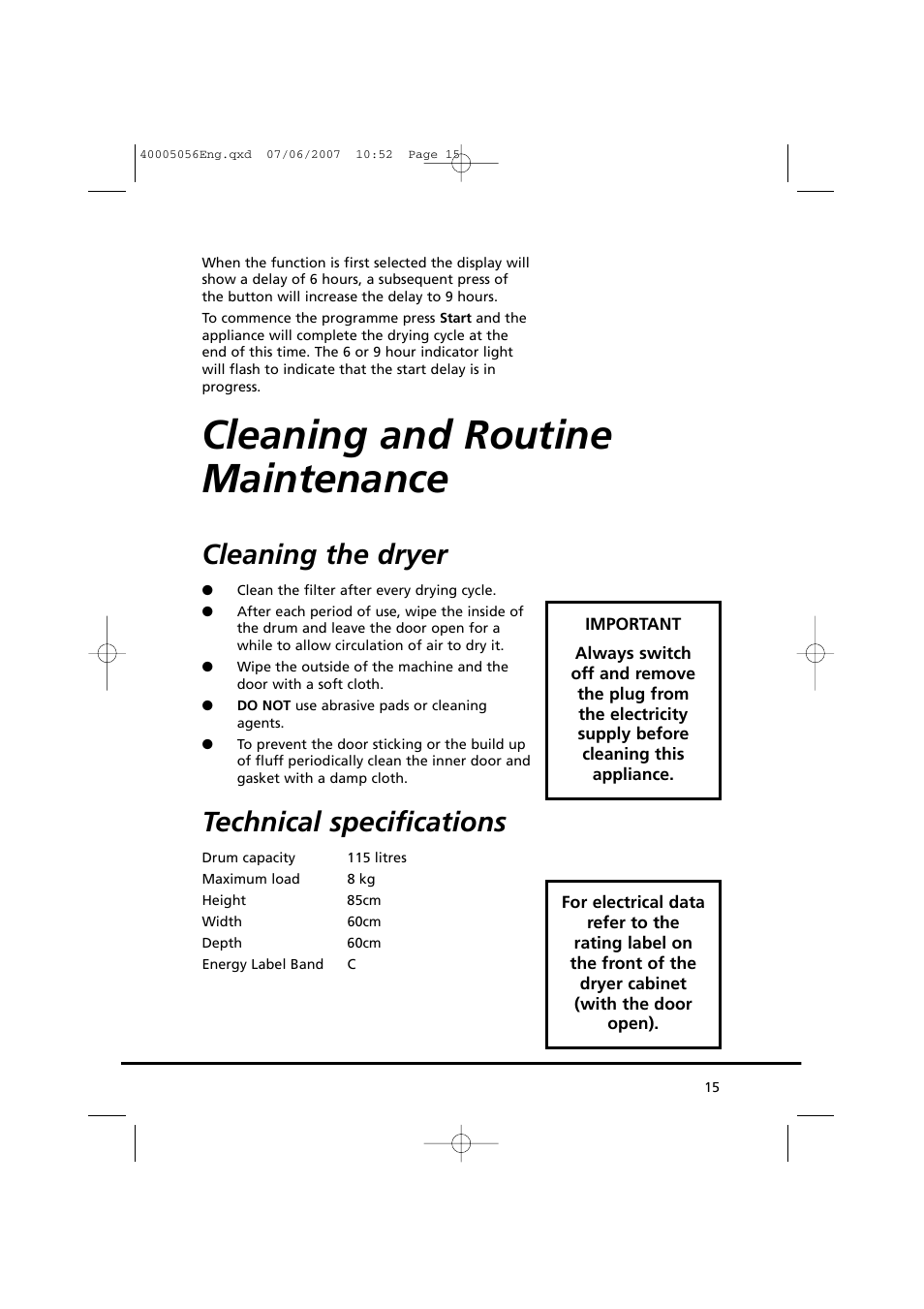 Cleaning and routine maintenance, Cleaning the dryer, Technical specifications | Candy GO DV 38-37 User Manual | Page 15 / 34