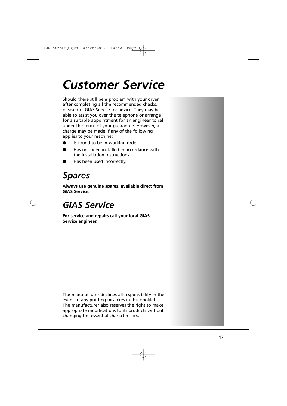 Customer service, Spares, Gias service | Candy GO DV 38-37 User Manual | Page 17 / 34