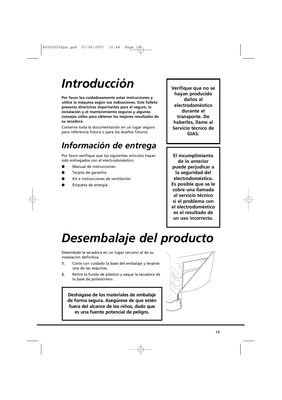 Introducción, Desembalaje del producto, Información de entrega | Candy GO DV 38-37 User Manual | Page 19 / 34