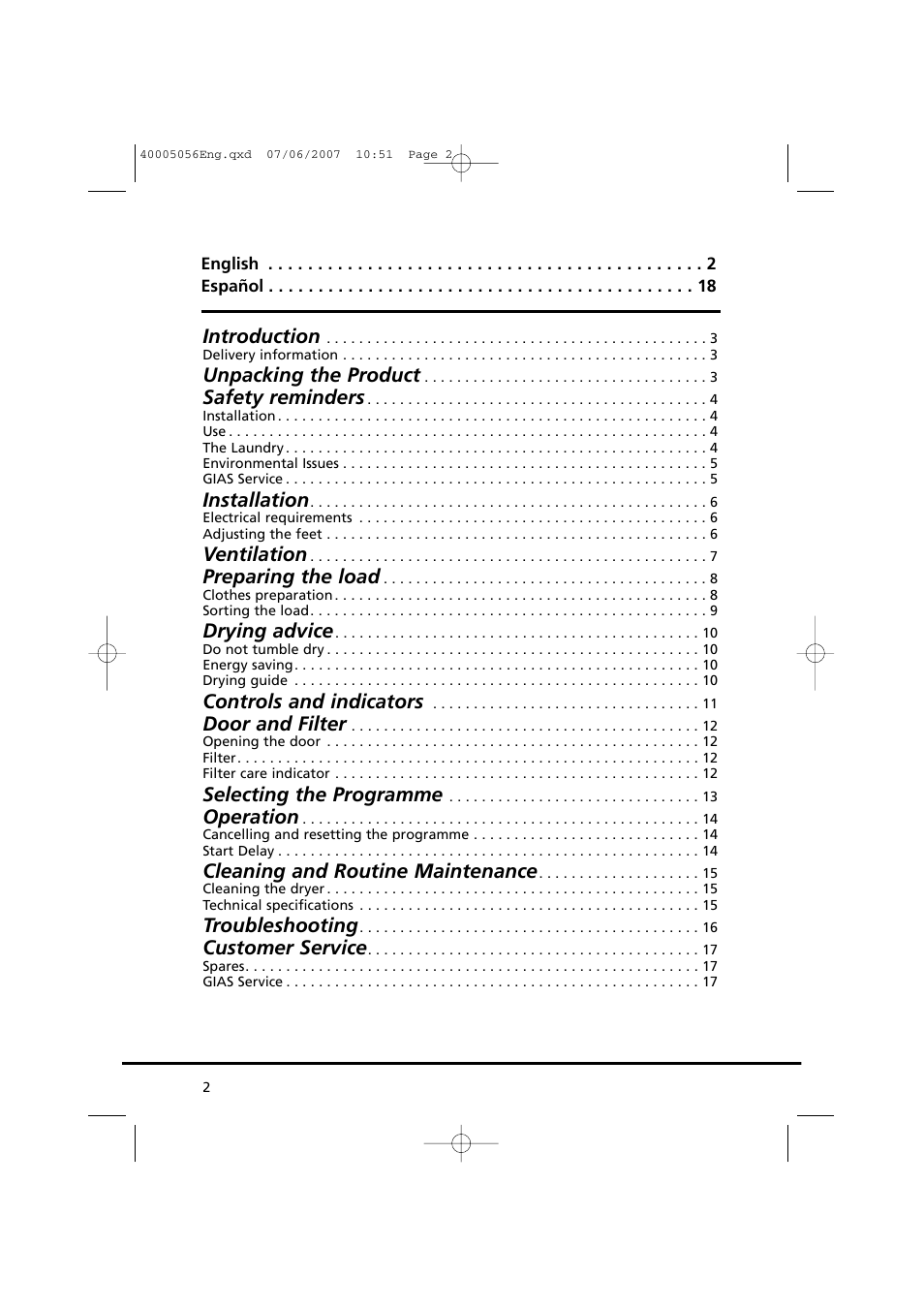 Introduction, Unpacking the product, Safety reminders | Installation, Ventilation, Preparing the load, Drying advice, Controls and indicators, Door and filter, Selecting the programme | Candy GO DV 38-37 User Manual | Page 2 / 34