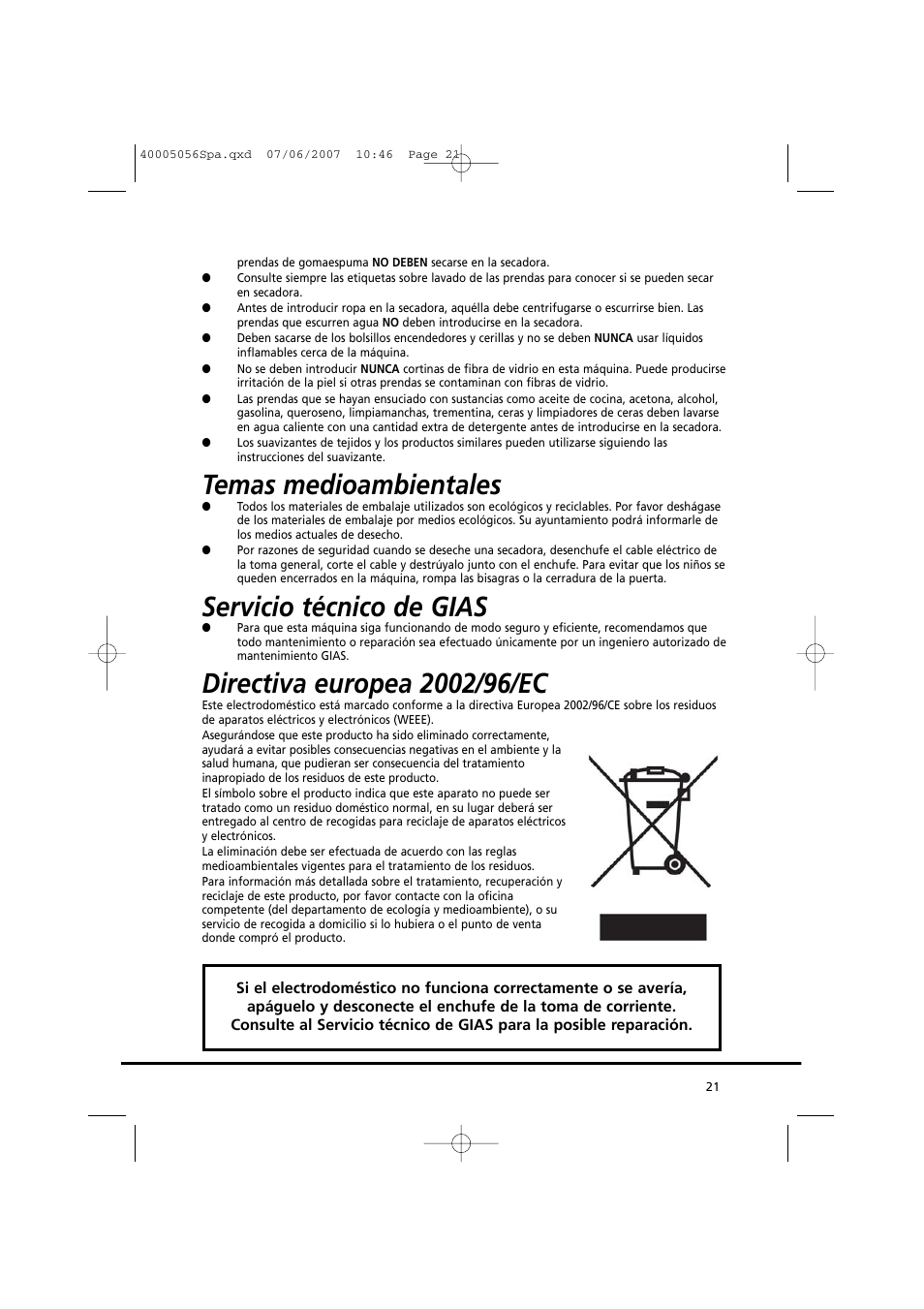 Temas medioambientales, Servicio técnico de gias | Candy GO DV 38-37 User Manual | Page 21 / 34