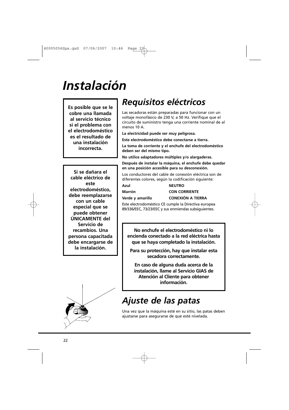 Instalación, Requisitos eléctricos, Ajuste de las patas | Candy GO DV 38-37 User Manual | Page 22 / 34